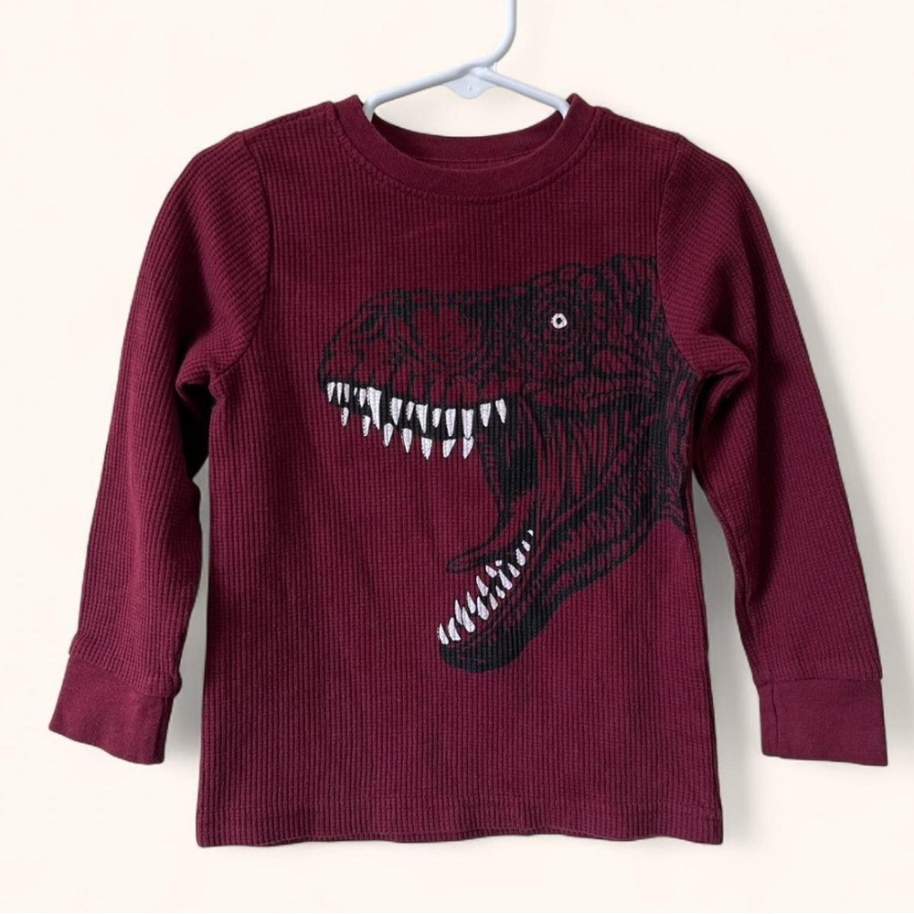 2T Boy Cooper Denim Long Sleeve Waffle Knit Burgundy Thermal T-Rex Dino T-Shirt